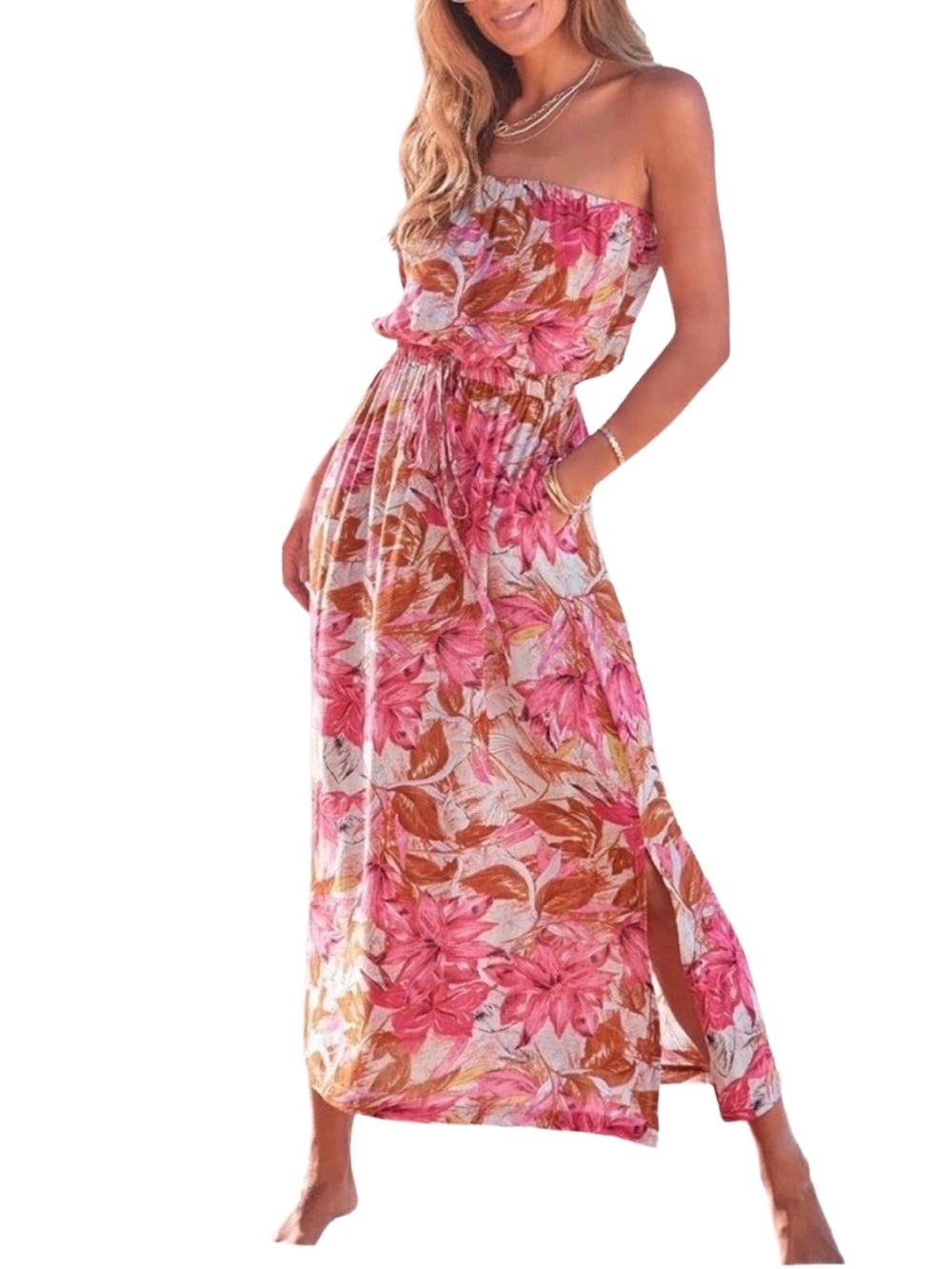 Floral Strapless Pink and Tan Maxi Dress with Side Slit
